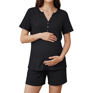 OUGES Women's 100% Soft Cotton Maternity Pajamas Sets Short Sleeve Pregnancy Postpartum 2 Piece Outfits Sleepwear