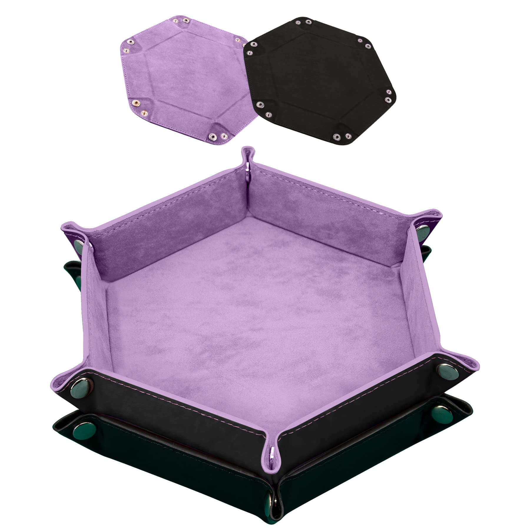 SIQUK 2 Pieces Dice Tray PU Leather Folding Dice Holder Hexagon Dice Rolling Tray for Dice Games Like RPG, DND and Other Table Games(Lilac, Black)