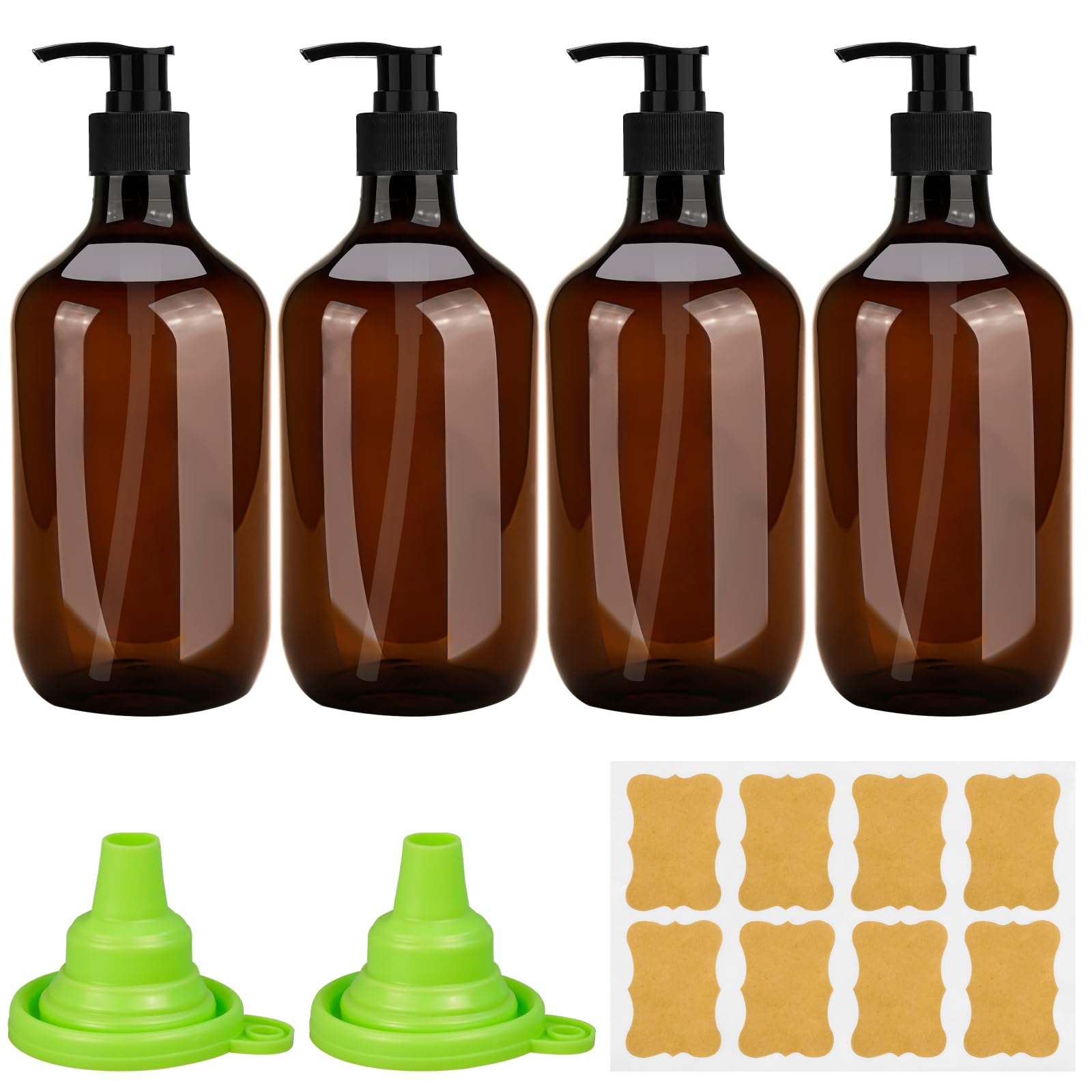 benlidoner 4 Pack Amber Soap Dispenser 500ml Liquid Soap Dispenser Refillable Hand and Dish Soap Dispenser for Kitchen & Bathroom Plastic Pump Bottle with Label Funnel