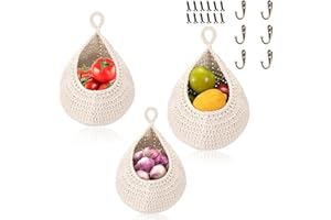 Hanging Fruit Baskets for Kitchen,3 Pack Boho Wall Hanging Basket with 6 Pcs Strong Hooks,Handwoven Onion Storage Teardrop Ho