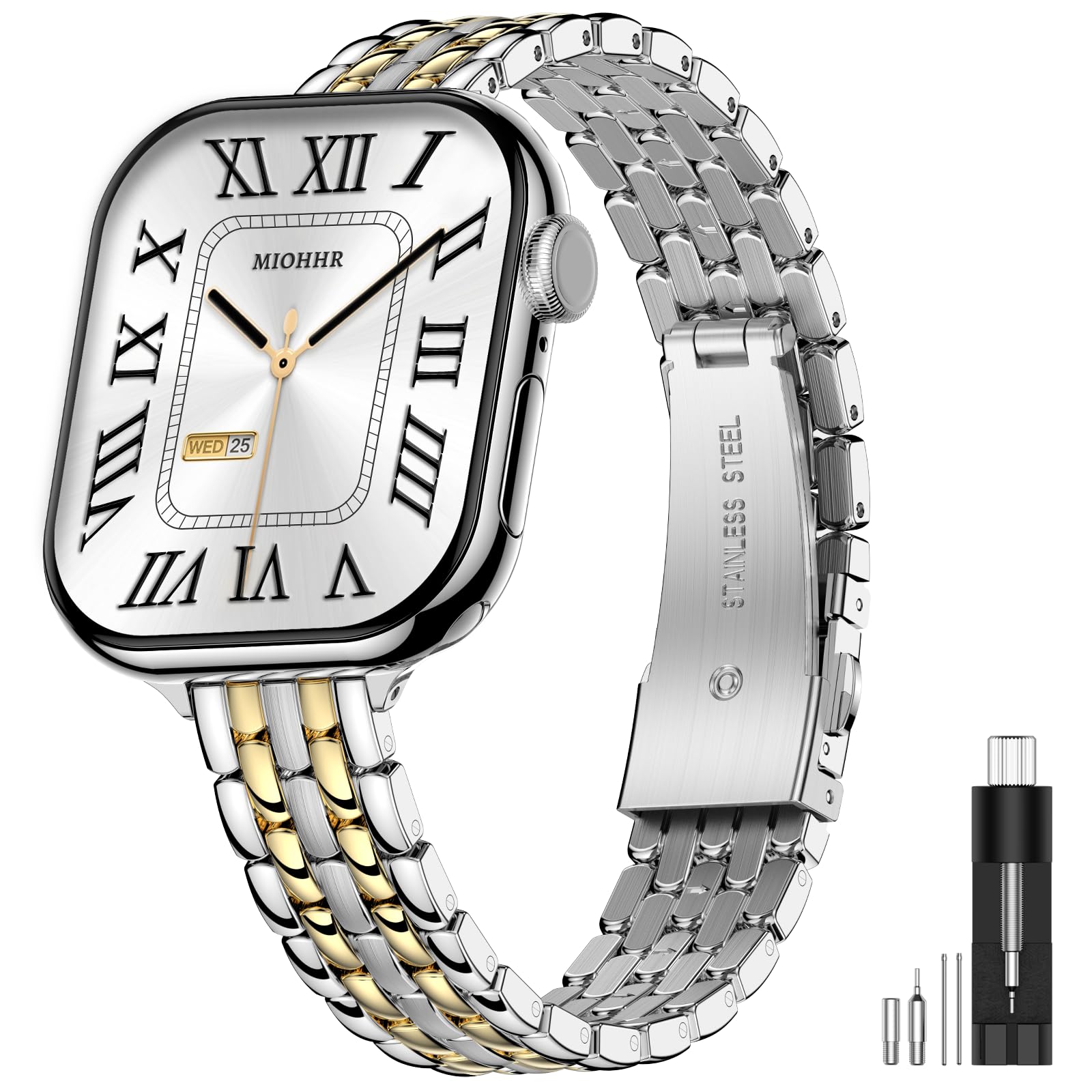 Photo 1 of MioHHR Slim Metal Bands Compatible with Apple Watch Band 38mm 40mm 41mm 42mm (Series 11 10), Thin Stainless Steel Strap Bands for Women iWatch Series 11 10 9 8 7 6 5 4 3 2 1 SE3/2/1, Silver/Gold