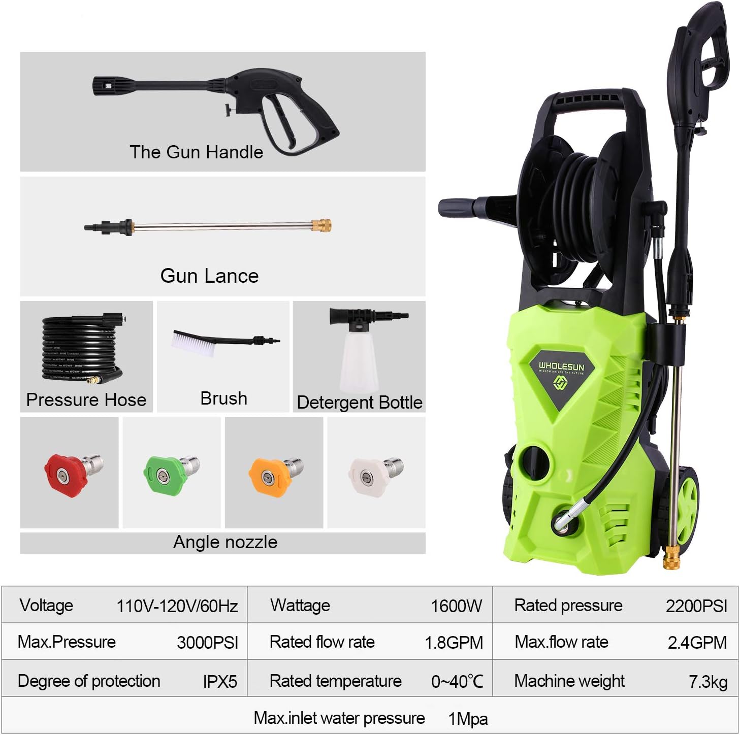 WHOLESUN 3000PSI Electric Pressure Washer 2.4GPM 1600W Power Washer with Hose Reel and Brush Green : Garden & Outdoor