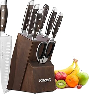 homgeek Messerset Messerblock Set, Profi Messer Set mit Ergonomischer Griff aus Pakka-Holz, Extra Scharf deutschem Edelstahl 1.4116 Kochmesser Set mit Holzblock, 8-teiliges