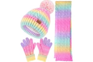 REMIFA Kids Winter Hat Scarf Gloves Set, Girls Boys Toddler 8% Wool Warm Fleece Lined Pom Pom Beanie Hat Knit Neck Scarf Soft Thick Mittens Gloves for Cold Weather 3 In 1 Birthday Christmas Gift for Children