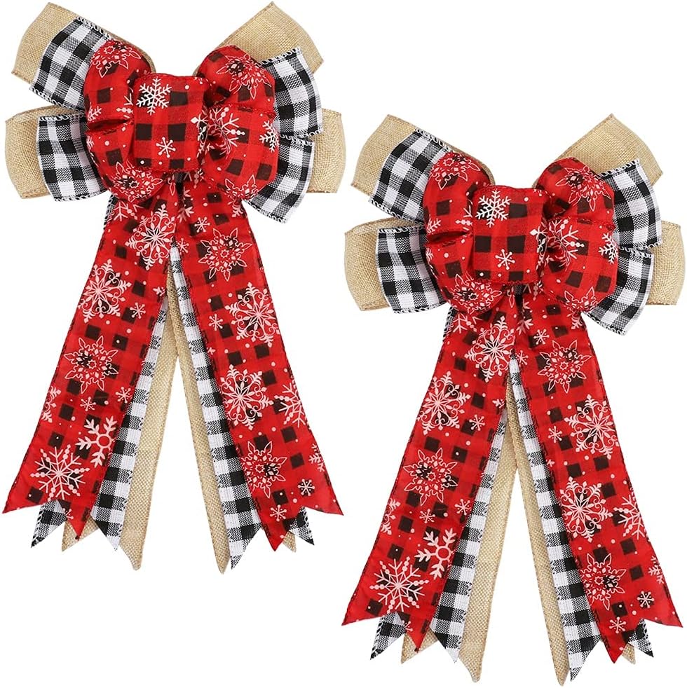 Bows & Ribbons - Kalekey Christmas Bows - 2 Pack Red White Plaid Burlap Bow Christmas Tree Topper Bow for Christmas Wreath, Christmas Tree Ornaments, Stair, Door, Indoor Outdoor Wall Decorations WG27
