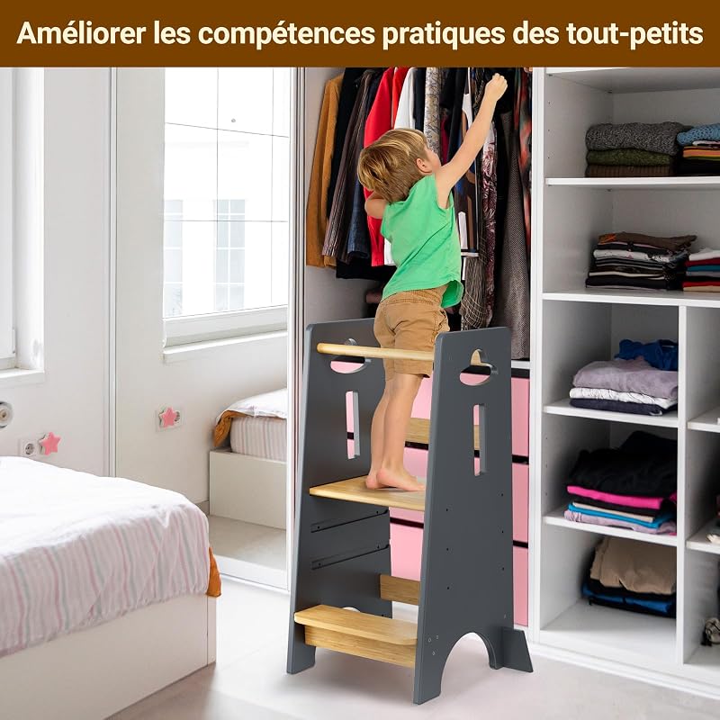 Tour d'apprentissage pour Enfants - Tour d'apprentissage en Bois pour bébés de 1 à 6 Ans - Hauteur réglable sur 3 Niveaux - 80 cm - Gris Classique et Naturel