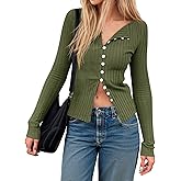 Womens Cardigans Button Down Long Sleeve Ribbed Shirts Cute Lighweight Fitted Y2K Fall Tops