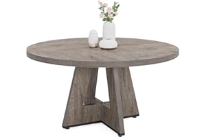 LITTLE TREE 47 Inch Round Dining Table for 4-6, 4ft Grey Dining Table with Pedestal Base,Wood Farmhouse Dinner Tables, Circle