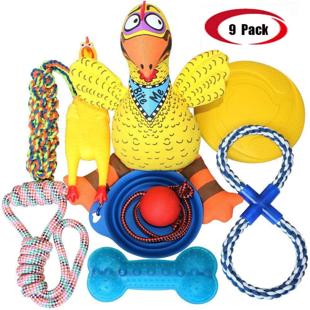 Jomilly Dog Toys Chew Toys Set for Heavy Aggressive Chewers 9 Pack Rubber Ball Chewing Rope Flying disc Pet Teething Toy for Large Breads High Energy Dogs