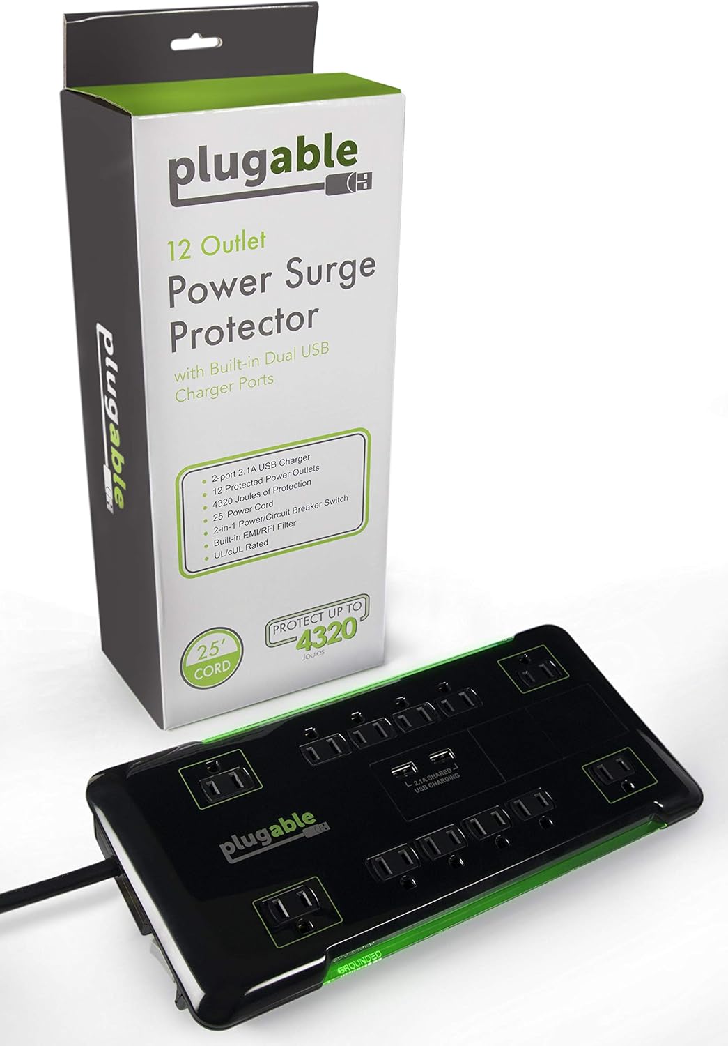 Plugable Surge Protector Power Strip with USB and 12 AC Outlets, Built-in 10.5W 2-Port USB Charger for Android, Apple iOS, and Windows Mobile Devices, 25 Foot Extension Cord: Electronics