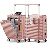 Joyway 20 Inch Carry on Luggage with Front Pocket, PC Hardshell Carry-on Suitcase with USB Port and Cup Holder, 21.5x14.2x9 Airline Approved, Luggage with Spinner Wheels and TSA Lock (Rosa Gold)