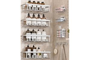 Zeawec 8 Pack Shower Caddy, Adhesive Rustproof Bathroom Organizers and Storage Shelves with Soap Holder & Hooks, Large Capaci