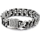 Azubpi 316 Stainless Steel Engraved Cuban Link Bracelet for Men, Retro Pattern Chain Punk Hip Hop Style Jewelry for Him