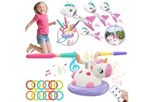 Unicorn 3 in 1 Sports Game for Kids: Rocket Launcher, Musical Jumping & Ring Toss Outdoor Toys with Remote, Portable Carry Bo