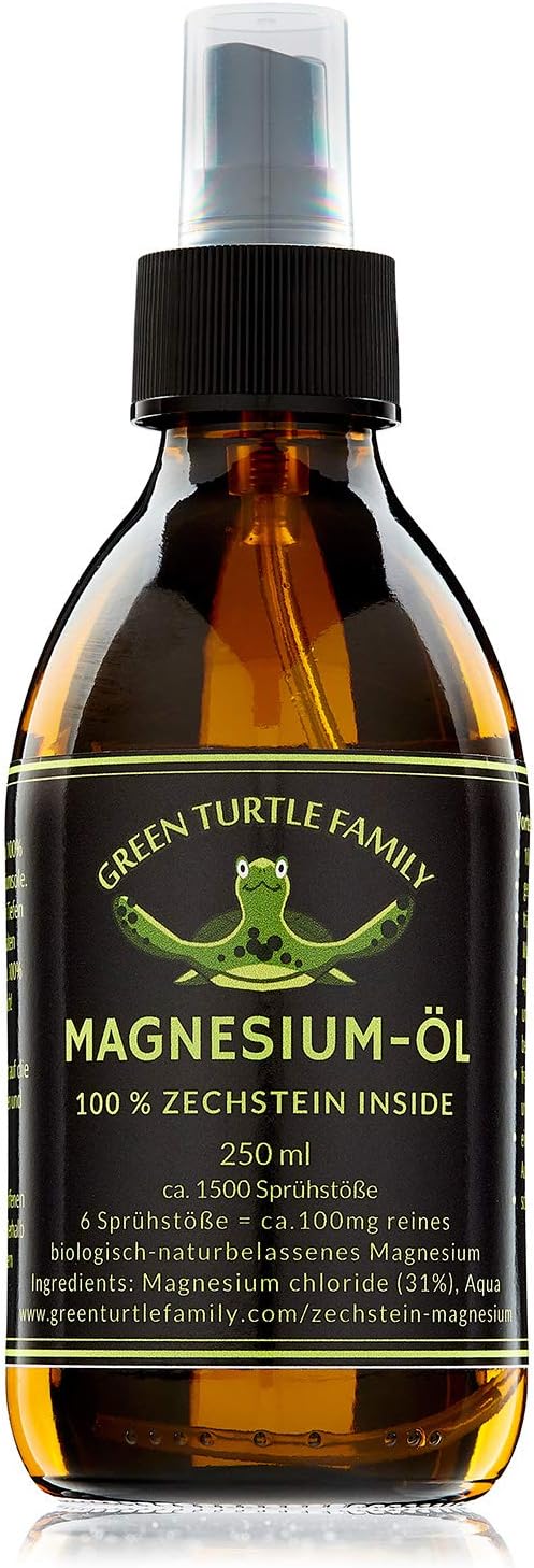 PREMIUM ZECHSTEIN Magnesium-Öl 250 ml. Zu 100% naturbelassene Magnesium Sole aus dem Zechstein Urmeer. Optimal für Sport, Massage &amp; Entspannung. Umweltschonend in einer Sprühflasche aus Glas.