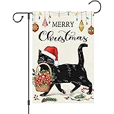 Louise Maelys Merry Christmas Black Cat Garden Flag 12x18 Double Sided, Burlap Welcome Winter Holiday Floral Yard for Xmas Outside Outdoor House Decoration