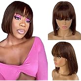 Belaved Bob Human Hair Wigs with Bangs 2x1 HD Lace Scalp Glueless Wig Dark Brown Short Bob Wig with Bangs for Black Women 12 Inches Virgin Straight Human Hair