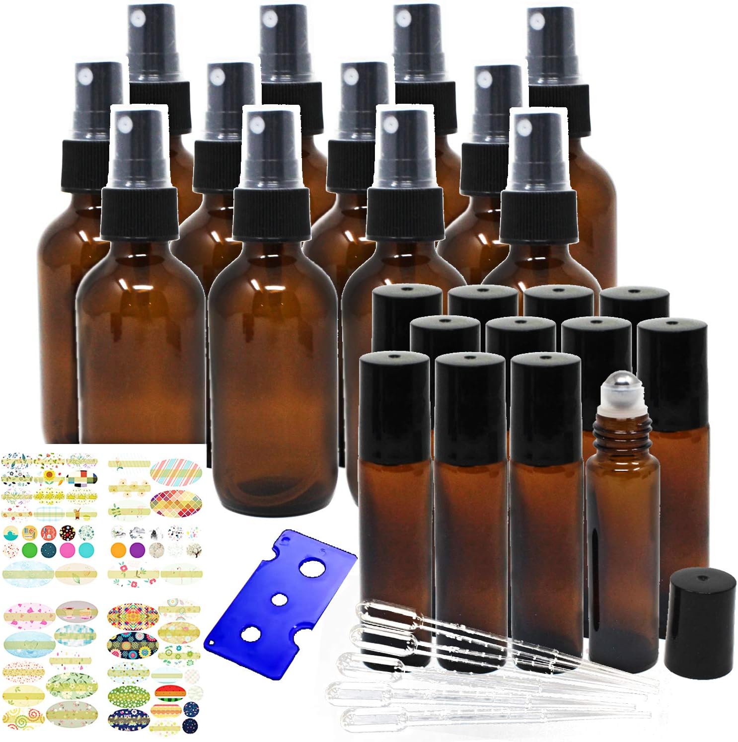 Jalousie 24 Pack Amber Refillable Glass Containers include 12 Amber Glass Spray Bottles 2oz 60 ml and 12 Amber Eye Roller Bottles 0.34 oz 10 ml Bonus Stickers Dropper and Bottle Opener