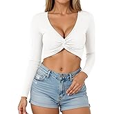 CLOZOZ Long Sleeve Twist Front Crop Top Ribbed V Neck Sexy Going Out Shirt for Women