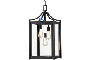 Osimir Outdoor Pendant Lights for Porch, 18.5" Large Dusk to Dawn Outdoor Chandelier with Clear Glass, Black Modern Hanging Porch Light, Adjustable Long Chain, OS-KY1004