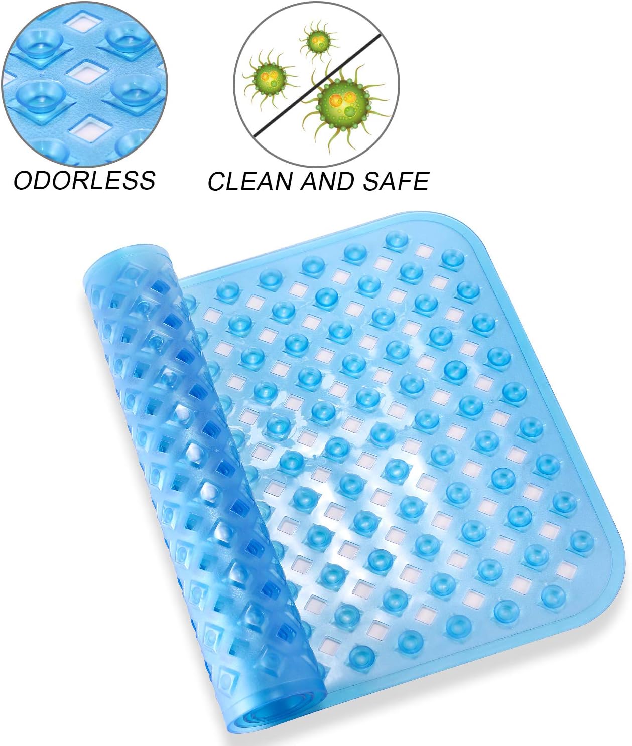 YINENN Bath Tub Shower Mat 35x15.5 Inch Non-Slip and Phthalate Latex Free,Bathtub Mat with Suction Cups,Machine Washable XL Size Bathroom Mats with Drain Holes (Blue): Health & Personal Care