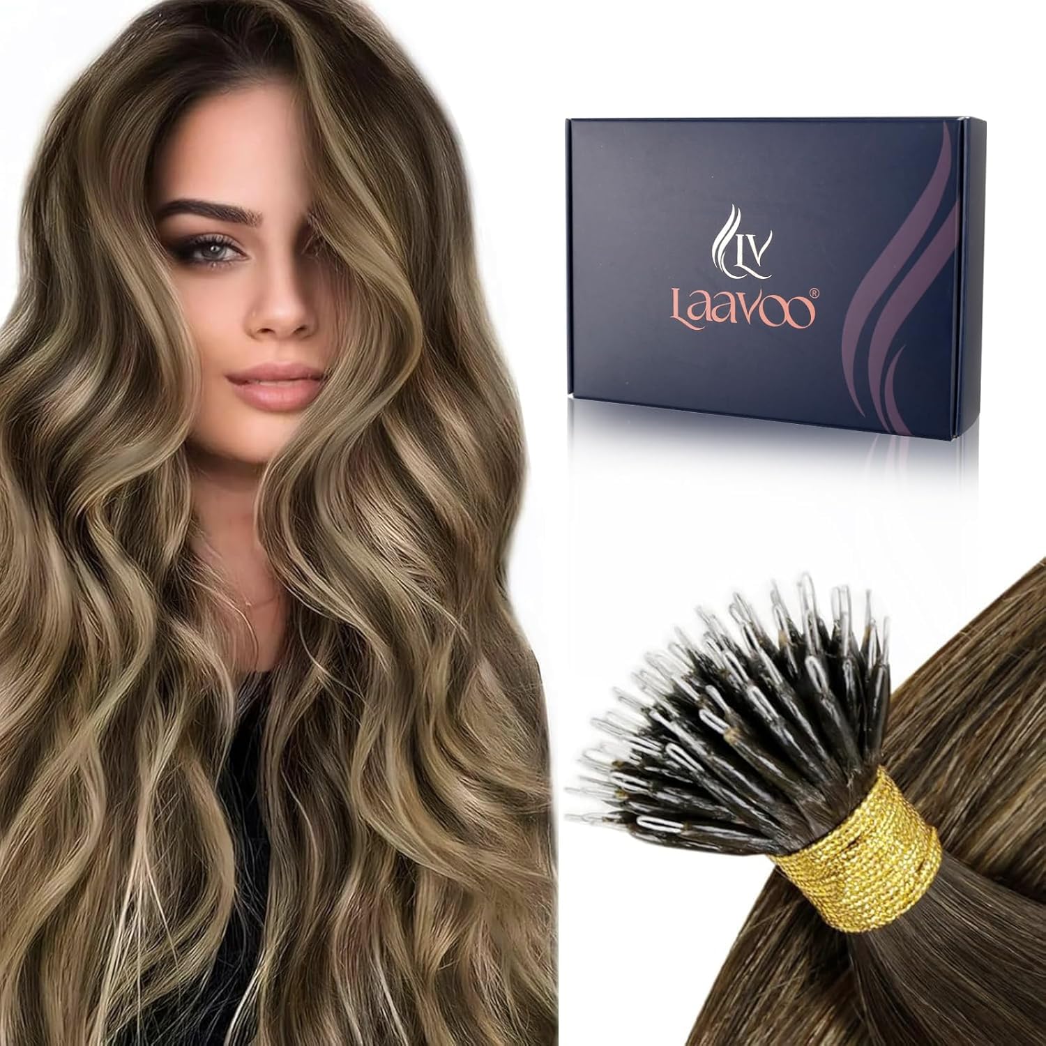 LaaVoo Nano Hair Extensions Real Human Hair Dark Brown Nano Beads Hair Extensions Balayage Medium Blonde Invisible Nano Ring Straight Remy Hair 50g 50s 14 Inch #4/27/4 — image 1