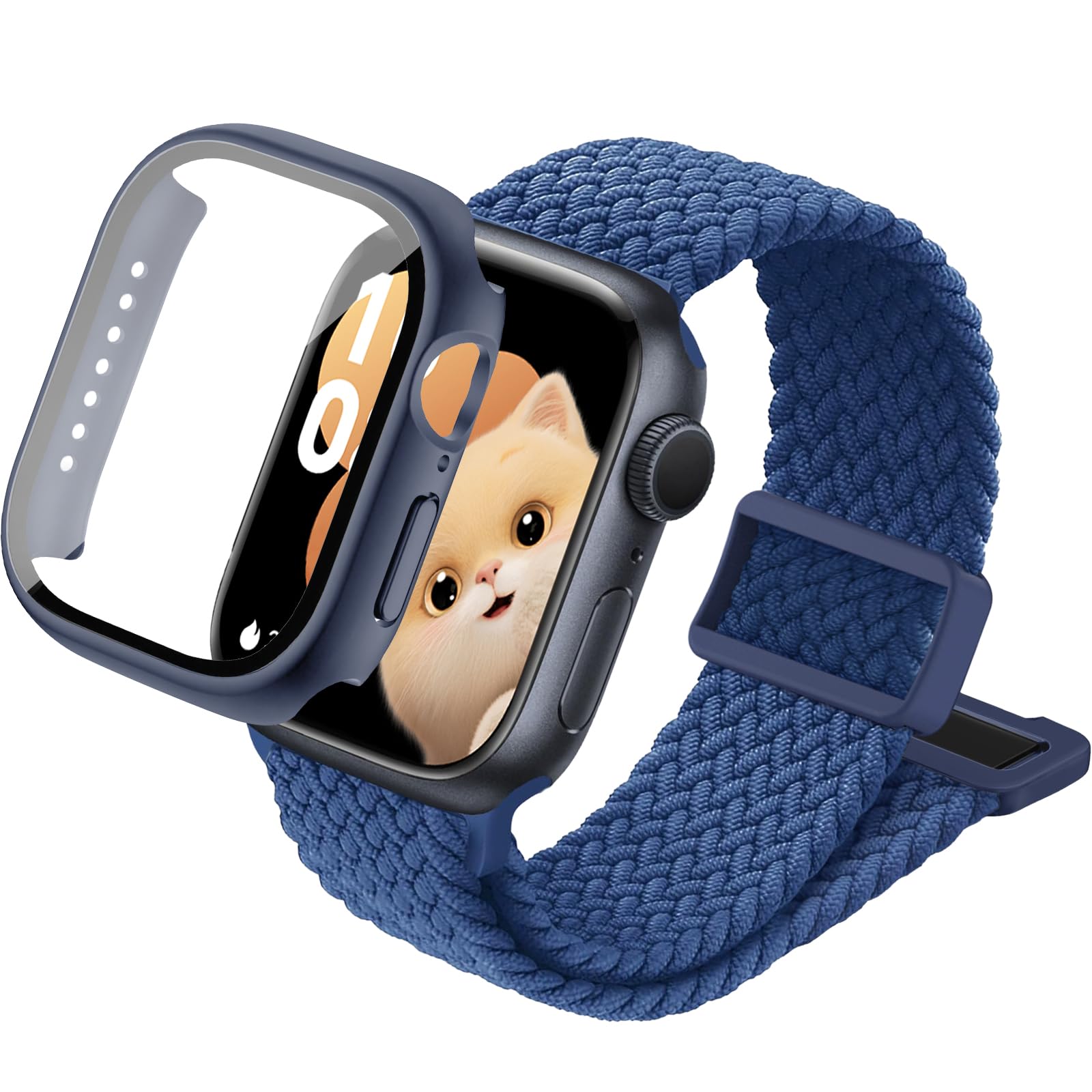 sylacor Braided Stretchy Band with Case Compatible with Kids Apple Watch Band (Blue, 44mm)