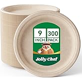 JOLLY CHEF Compostable Heavy Duty Plates 9 Inch [300 Pack] Eco-Friendly Disposable Natural Paper Plates Bagasse Biodegradable Sugarcane Bulk for Party Dinner Lunch Hot Cold Food Christmas (Brown)