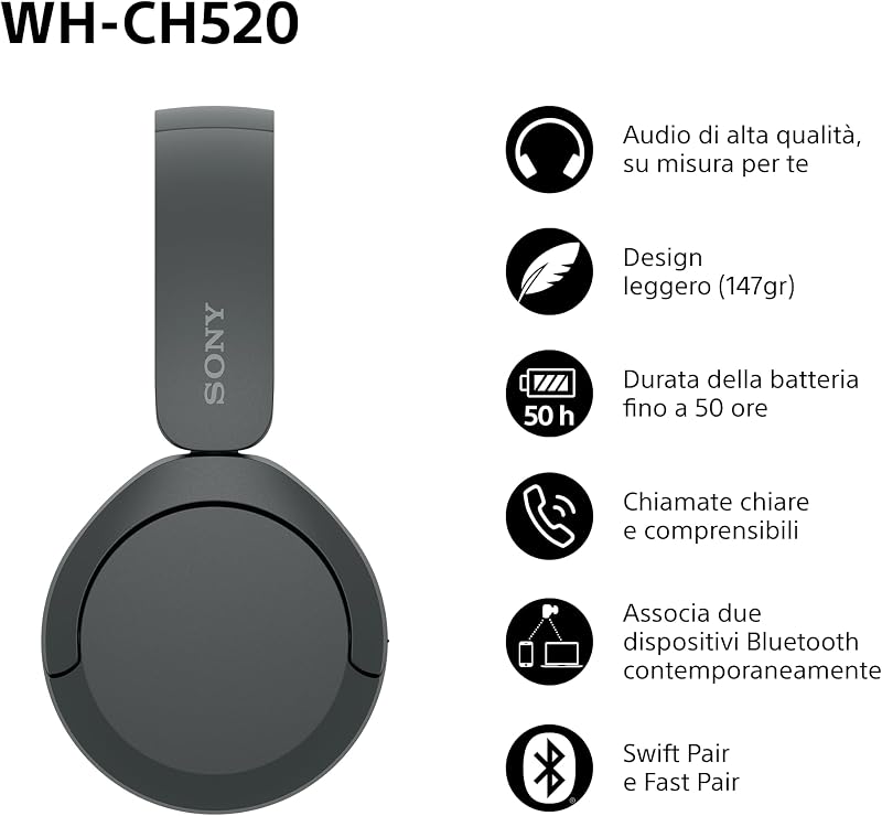 WH-CH520 | Cuffie Wireless, Connessione Multipoint, con Microfono, Fino a 50 ore di durata della batteria con Ricarica rapida - Nero