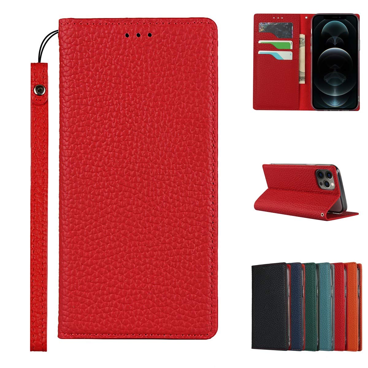 Copmob Case Compatible for iPhone 12/12 Pro With Card Holder With Strap,Genuine Leather Flip Wallet Case,[3 Slots][Magnetic Closure][RFID-Blocking],Phone Case Cover for iPhone 12/12 Pro - Red