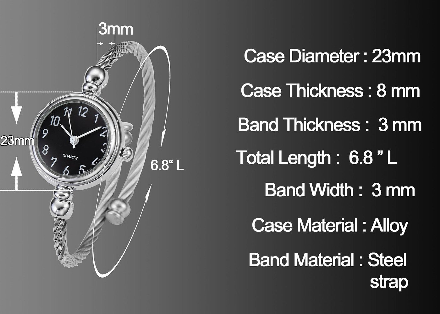 Top Plaza Womens Fashion Analog Quartz Bangle Cuff Wrist Bracelet Watch Elegant Stainless Steel Wire Band Arabic Numerals Dress Watches