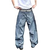 DFGIGT Mens Baggy Jeans Hip Hop Y2k Stylish Striped Wide Leg Print Jeans Casual Skater Loose Fit Denim Pants