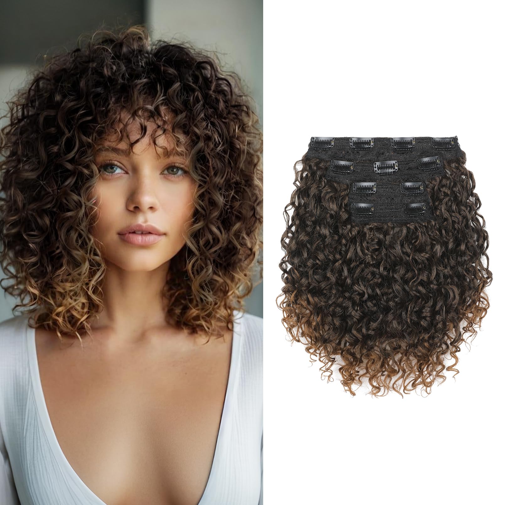 Photo 1 of FLUFYMOOZ 4PC Clip in Hair Extensions, 10 Inch 100? Pure Protein Silk Short Hairpiece Deep Curly Wavy Hair Extensions Clip in Natural Soft Hairpiece for Women-Dark Almond brown with copper