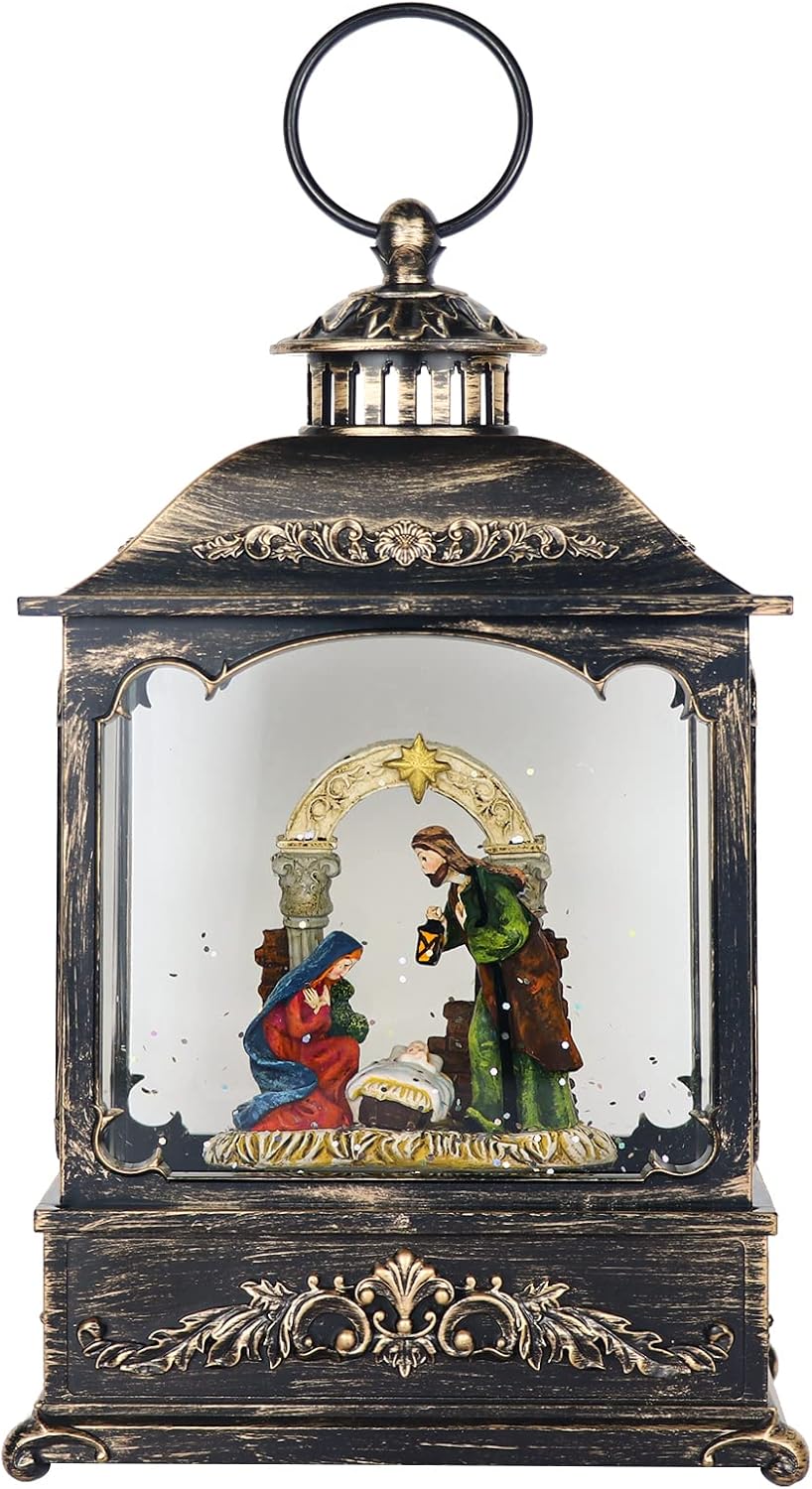 Snow Globes - Wondise Christmas Muscal Snow Globe with Timer, USB Plug-in & Battery Operated Spinning Water Glitters Lighted Singing Snow Globe Lantern for Christmas Decorations