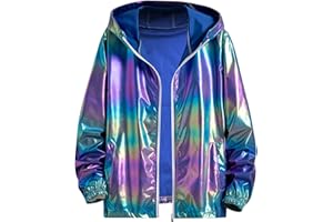 Men's Metallic Jacket Lightweight Zip Up Holographic Shiny Hooded Jackets
