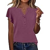 Rapbin Womens Short Sleeve Tops Ruffle V Neck Button Down Shirts Dressy Casual Tunic Blouses