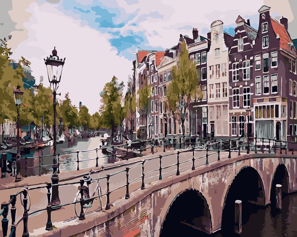 WOWDECOR Art Supplies City River Bridge Landscape DIY Paint by Numbers Kits 40 x 50cm with Painting Brushes Canvas (Framed)