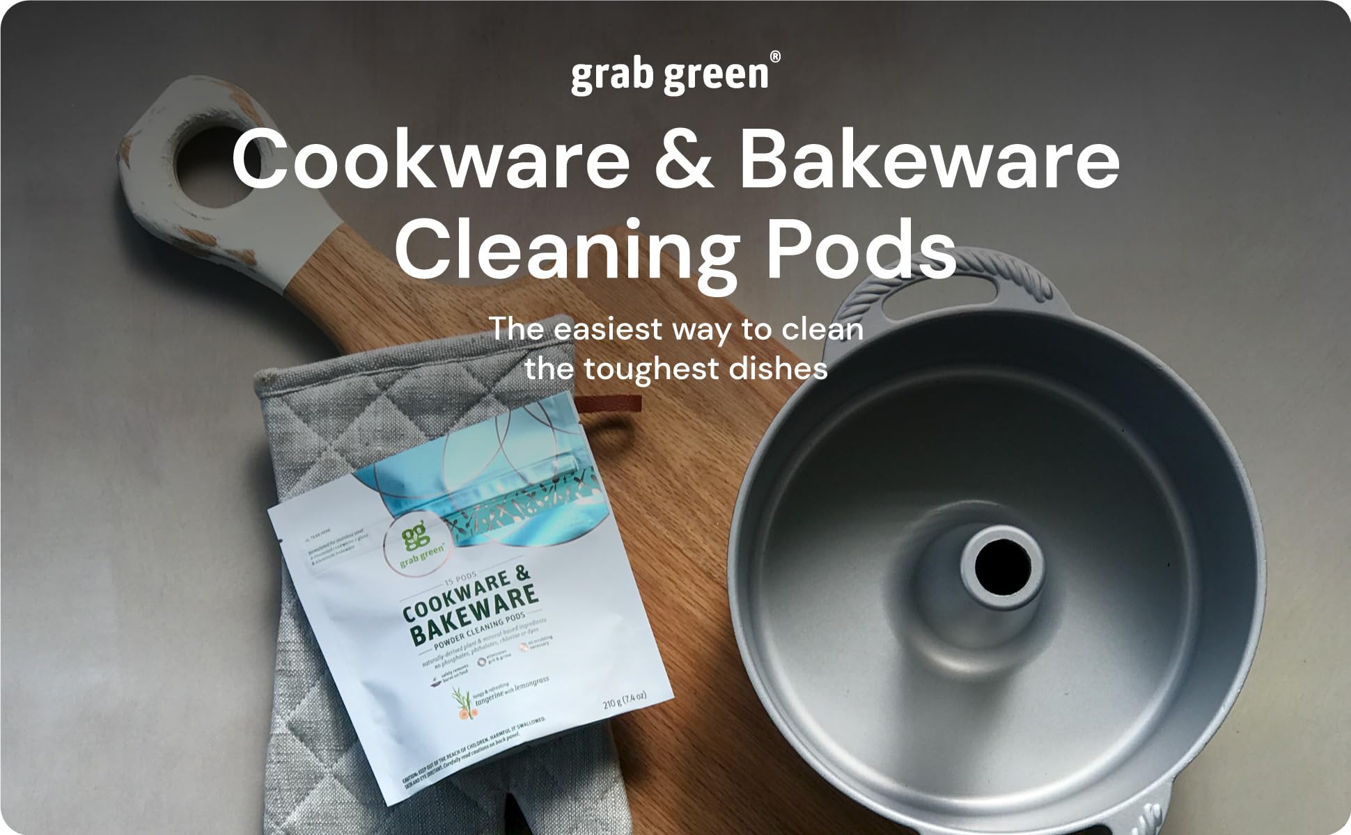 Grab Green Cookware and Bakeware Cleaner Pods, 60 Pods, Tangerine Lemongrass Scent, Plant and Mineral Based, Removes Burnt-On Food, Eliminates Stains