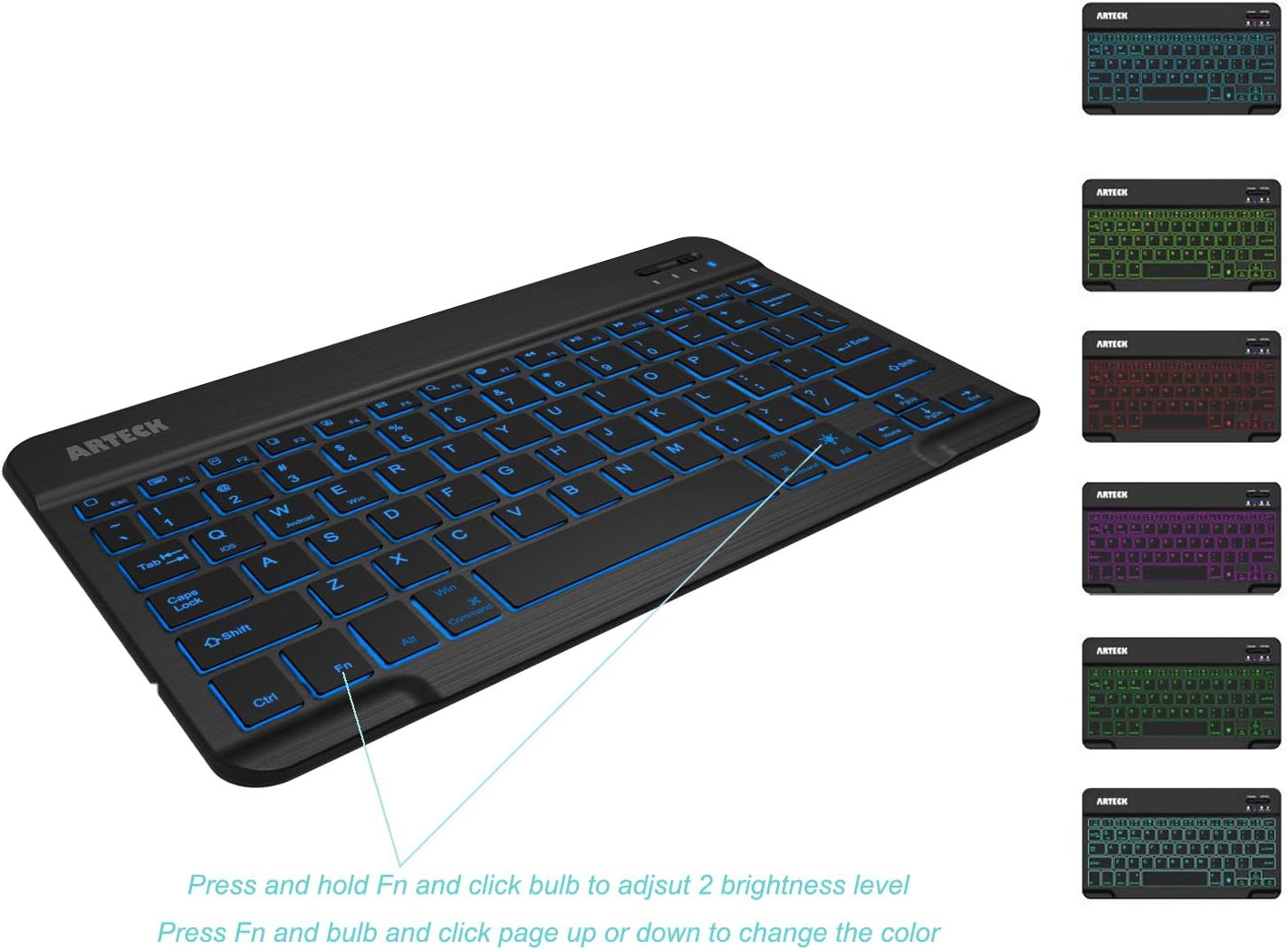 Arteck HB030B Universal Slim Portable Wireless Bluetooth 3.0 7-Colors Backlit Keyboard with Built in Rechargeable Battery, Black: Computers & Accessories