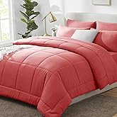 CozyLux Queen Comforter Set Coral, 7 Pieces Bed in a Bag, Coral Comforter Queen Size, All Season Bedding Sets with Stitch Quilted Comforter, Flat Sheet, Fitted Sheet, Pillowcases