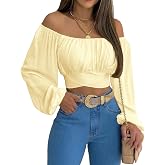 MIRACMODA Woman Off Shoulder Ruched Tie Back Crop Top Summer Lantern Sleeve Boho Shirt Blouse