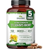 Zazzee Extra Strength St. John’s Wort 20:1 Extract, 8000 mg Strength, 0.3% Hypericin, 150 Vegan Capsules, 5 Month Supply, Concentrated, Standardized 20X Extract, 100% Vegetarian, Non-GMO, All-Natural