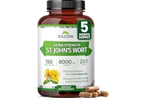 Zazzee Extra Strength St. John’s Wort 20:1 Extract, 8000 mg Strength, 0.3% Hypericin, 150 Vegan Capsules, 5 Month Supply, Concentrated, Standardized 20X Extract, 100% Vegetarian, Non-GMO, All-Natural