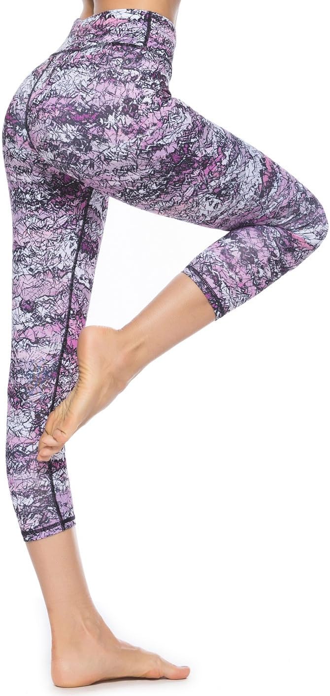 SOUTEAM Women's Printed Yoga Capri Workout Ankle Leggings Tummy Control Pants Hidden Pocket