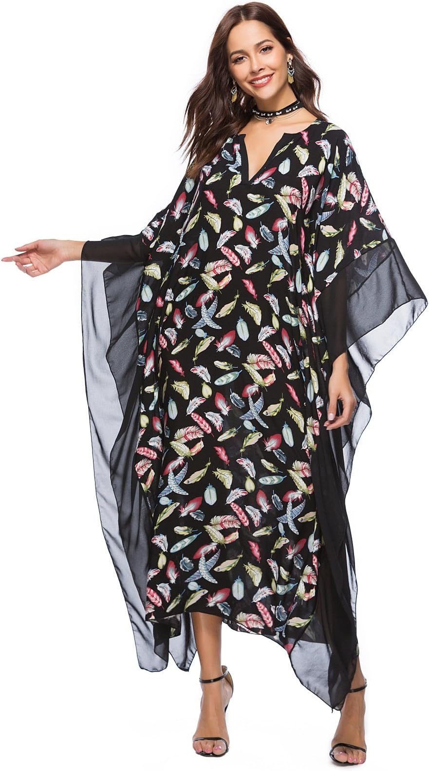 Women Long Tunic Dress Kaftan Maxi Dress Batwing 3/4 Sleeve Plus Size Summer Dress
