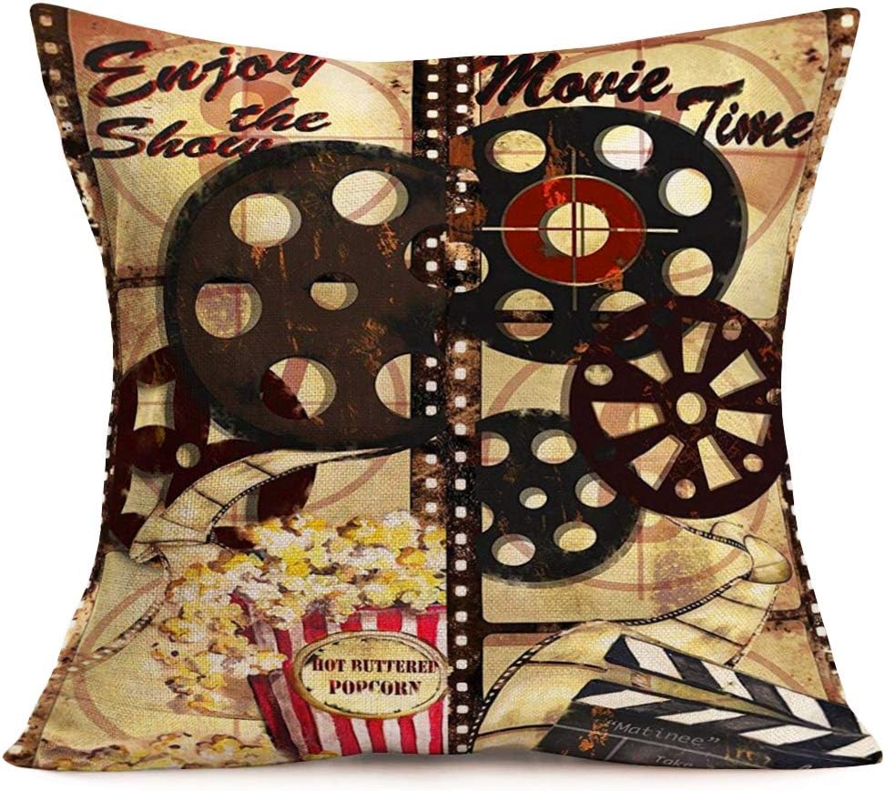 Fukeen Movie Time Throw Pillow Covers Vintage Film Reels Popcorn Clapperboard Decorative Pillow Cases Cinema Home Theater Decor Cotton Linen Enjoy The Shown Words Cushion Cover 18x18 Inch