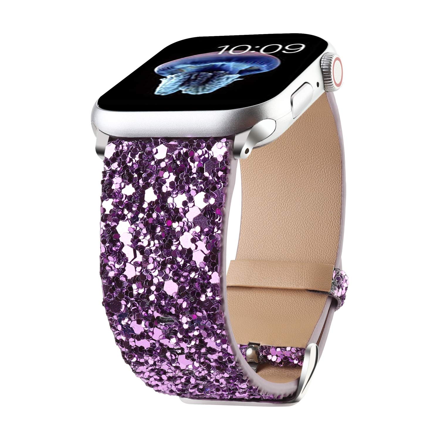 JOHIPI Bling Band Compatible with Apple Watch Bands 38mm 40mm 41mm 42mm 44mm 45mm 46mm 49mm Ultra 3/2/1, Glitter Sparkle Leather Strap For iWatch Band Series 11/10/9/8/7/6/5/4/3/2/1 & SE3 SE2 SE (Purple)
