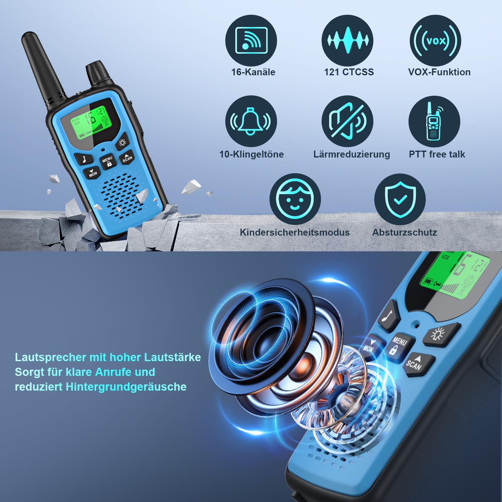 Walkie Talkie 3er Set Kinder Aufladbar, Rabigala Funkgeräte mit 5km großer Reichweite für Erwachsene, Li-ion Akku, VOX Freisprecheinrichtung, Taschenlampe LED, LCD 4