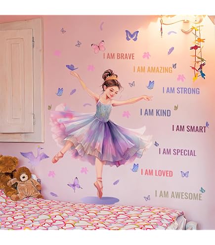 Buiory Butterfly Girl Wall Decals – Purple Flower & Fairy Stickers For Girls' Bedroom, Living Room Decor