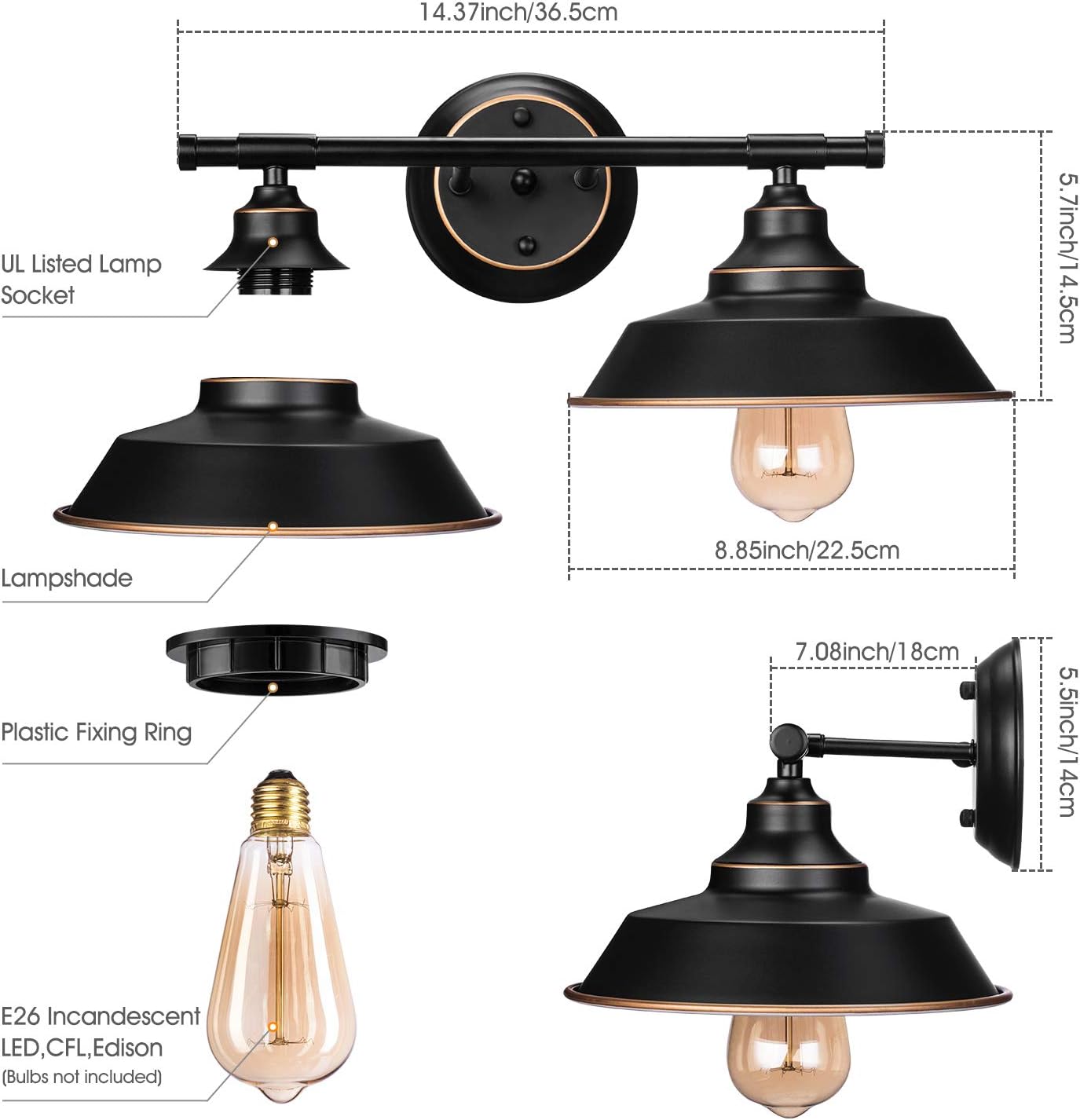 Farmhouse Rustic Style Vintage 2-Lights Vanity Wall Sconce Lighting, Elibbren E26 Base Metal Matte Black Industrial Bathroom Wall Light Fixture for Bathroom Vanity Mirror Cabinets Dressing Table - - 